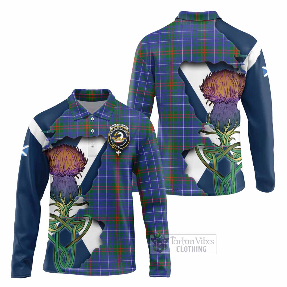 Tartan Vibes Clothing Edmonstone Tartan Family Crest Long Sleeve Polo Shirt Scottish Thistle Celtic Inspired