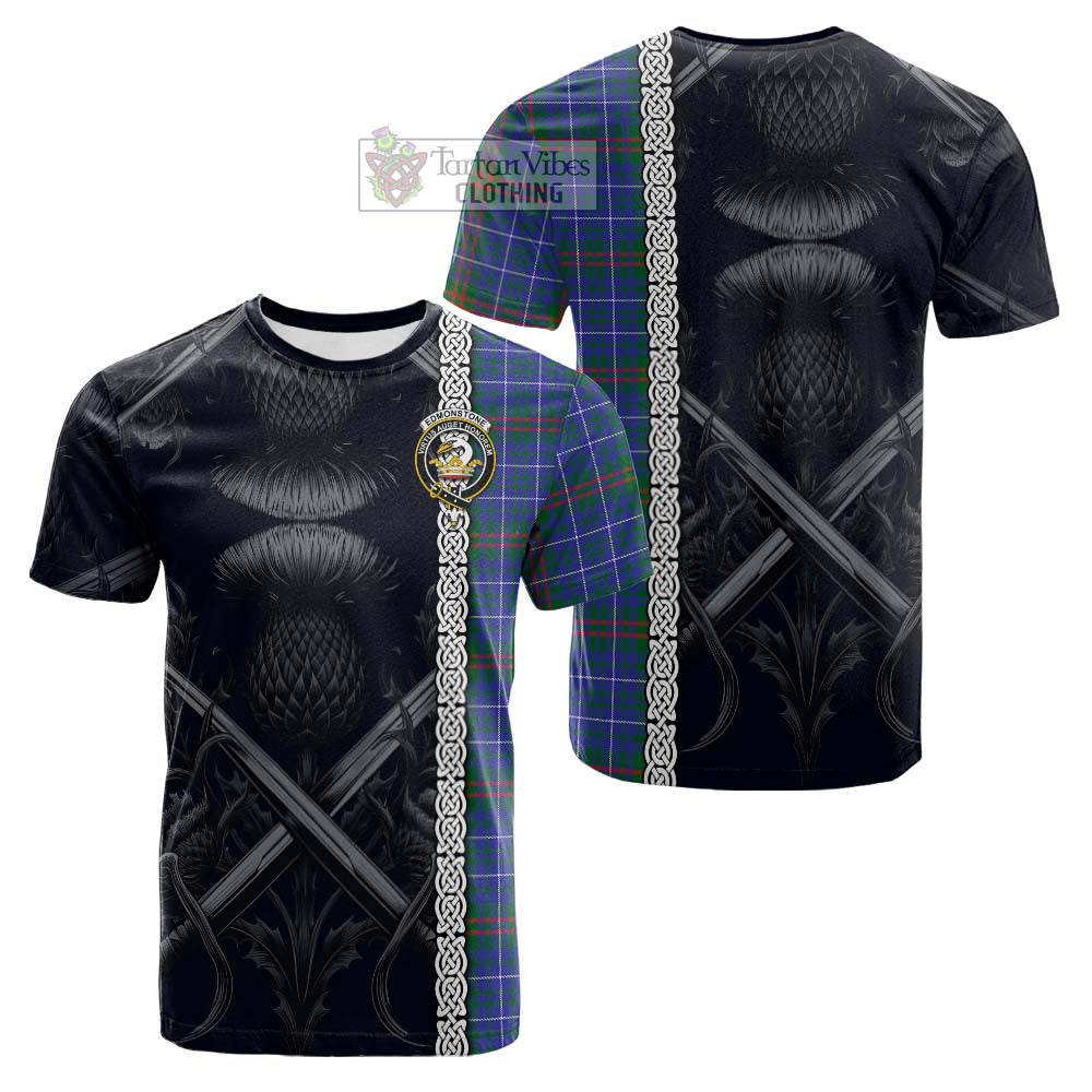 Edmonstone Tartan Cotton T-shirt with Family Crest Cross Sword Thistle Celtic Vibes - Tartan Vibes Clothing