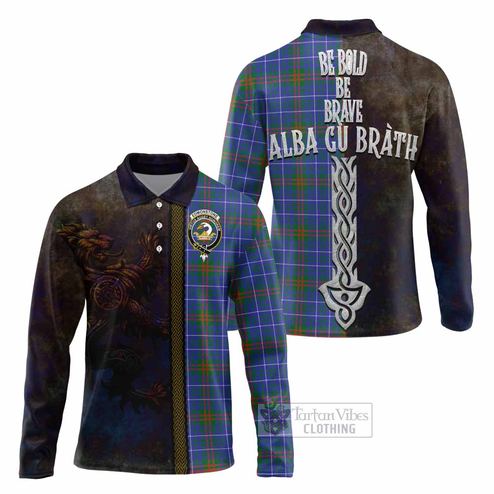 Tartan Vibes Clothing Edmonstone Tartan Family Crest Long Sleeve Polo Shirt Alba Gu Brath Be Brave Lion Ancient Style
