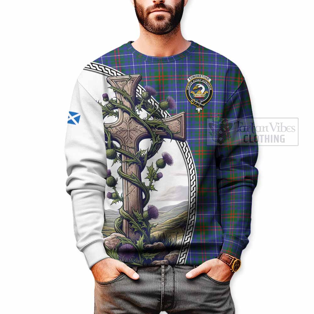 Edmonstone Tartan Sweatshirt with Family Crest and St. Andrew's Cross Accented by Thistle Vines - Tartan Vibes Clothing