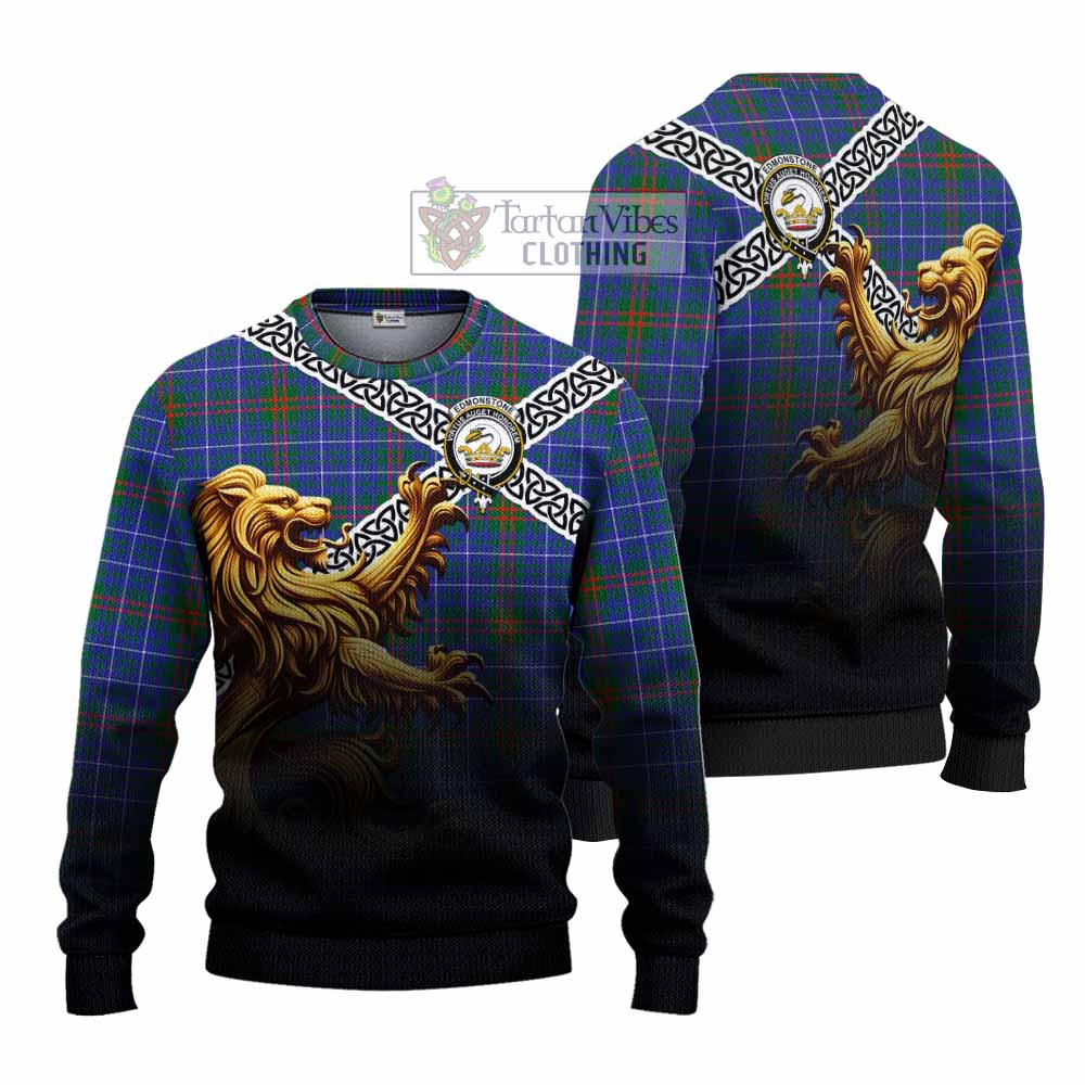 Edmonstone Crest Tartan Knitted Sweater with Golden Lion Emblem Celtic Style - Tartan Vibes Clothing