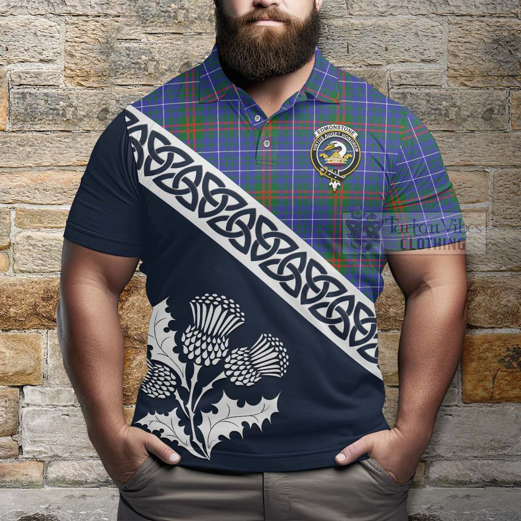 Edmonstone Tartan Polo Shirt Featuring Thistle and Scotland Map - Tartanvibesclothing Store