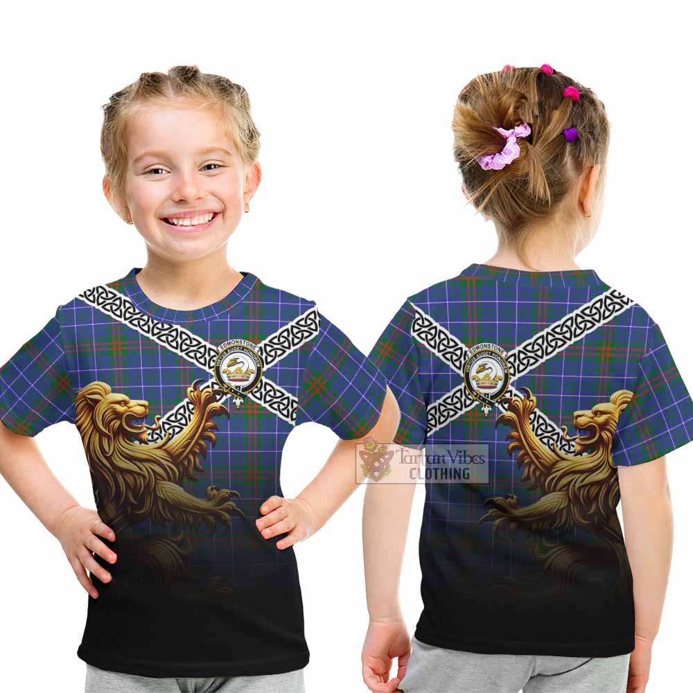 Edmonstone Crest Tartan Kid T-Shirt with Golden Lion Emblem Celtic Style - Tartan Vibes Clothing