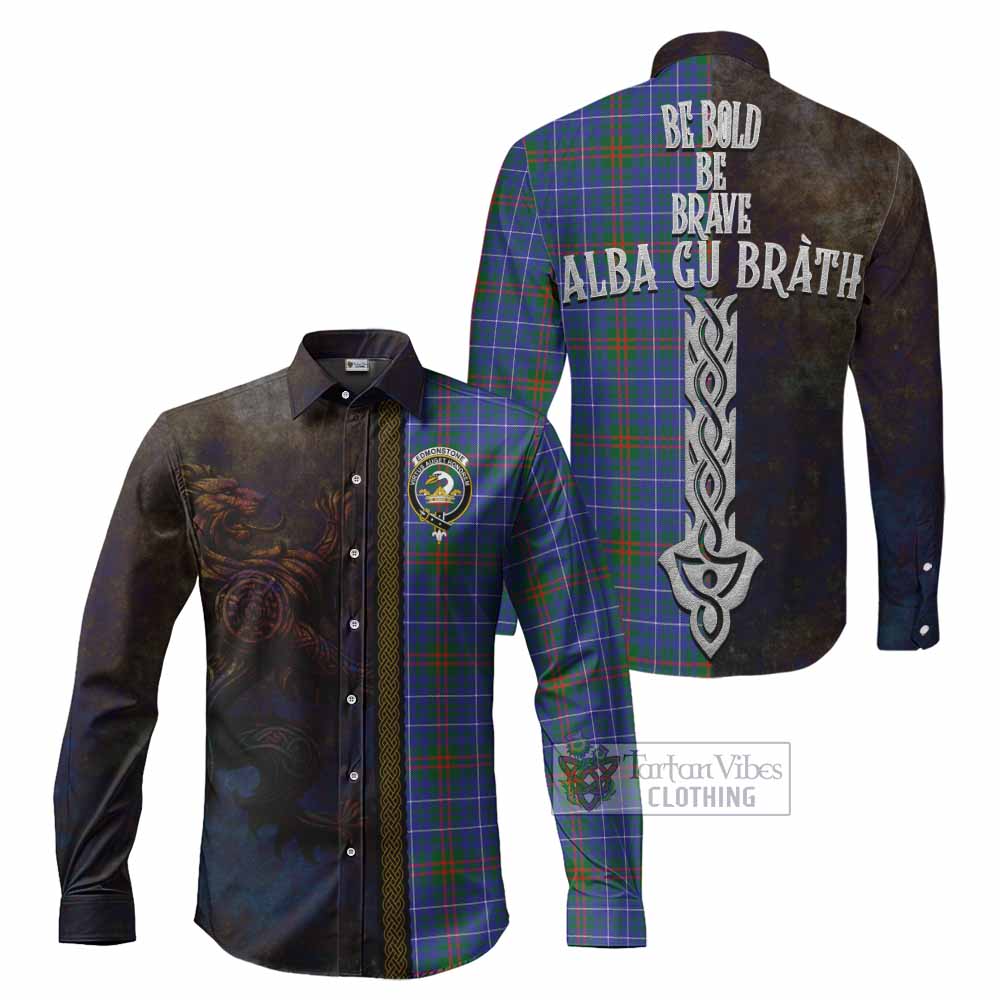 Edmonstone Tartan Family Crest Long Sleeve Button Shirt Alba Gu Brath Be Brave Lion Ancient Style - Tartan Vibes Clothing