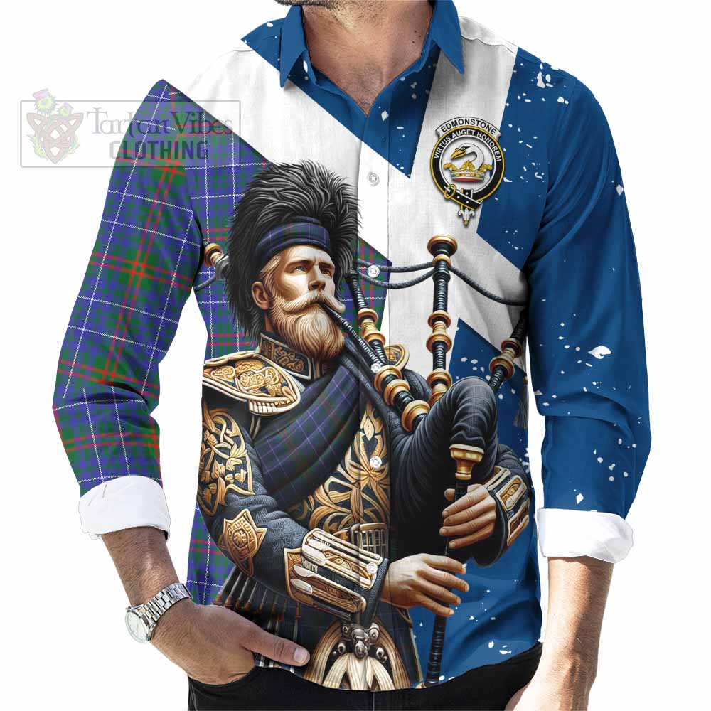 Edmonstone Tartan Long Sleeve Button Shirt with Family Crest Scottish Bagpiper Vibes - Tartan Vibes Clothing