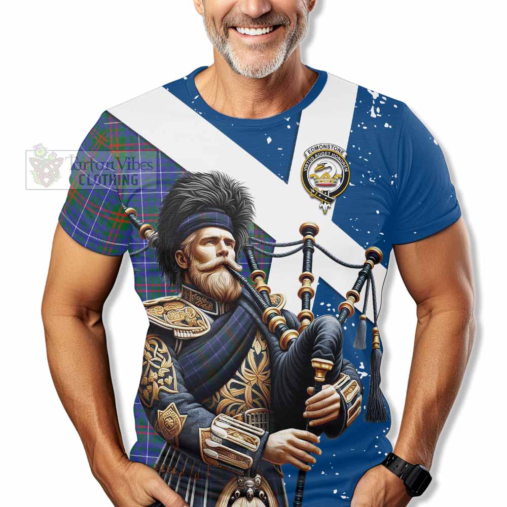 Edmonstone Tartan T-Shirt with Family Crest Scottish Bagpiper Vibes - Tartan Vibes Clothing