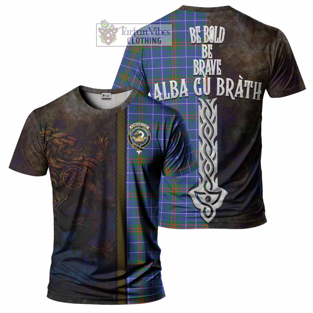 Edmonstone Tartan Family Crest T-Shirt Alba Gu Brath Be Brave Lion Ancient Style - Tartan Vibes Clothing
