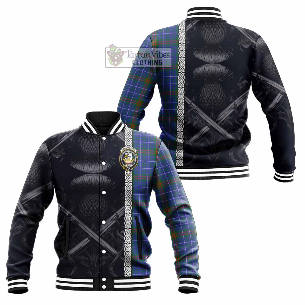 Edmonstone Tartan Baseball Jacket with Family Crest Cross Sword Thistle Celtic Vibes - Tartan Vibes Clothing