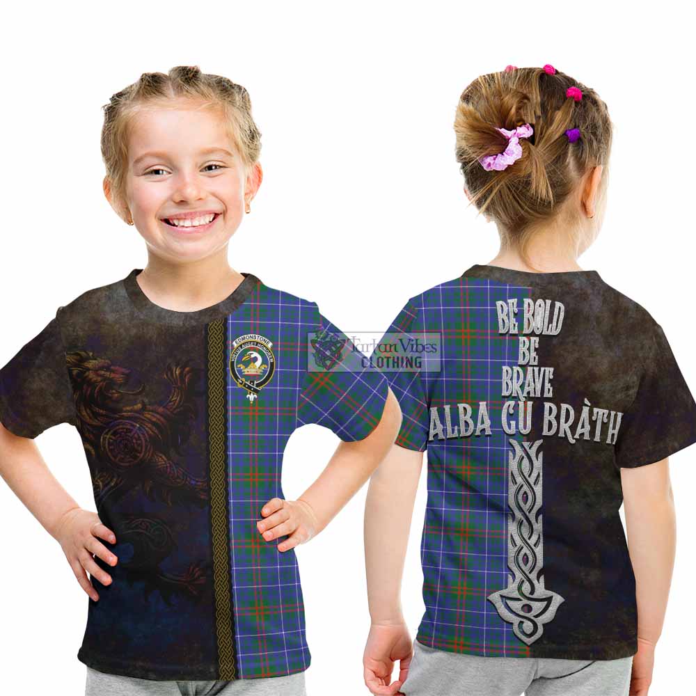 Edmonstone Tartan Family Crest Kid T-Shirt Alba Gu Brath Be Brave Lion Ancient Style - Tartan Vibes Clothing