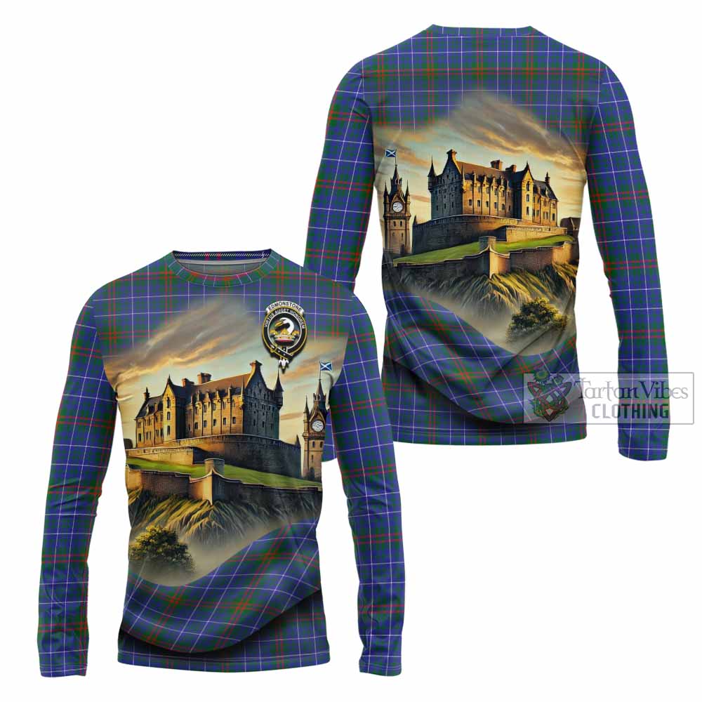 Edmonstone Tartan Family Crest Long Sleeve T-Shirt with Scottish Ancient Castle Style - Tartan Vibes Clothing