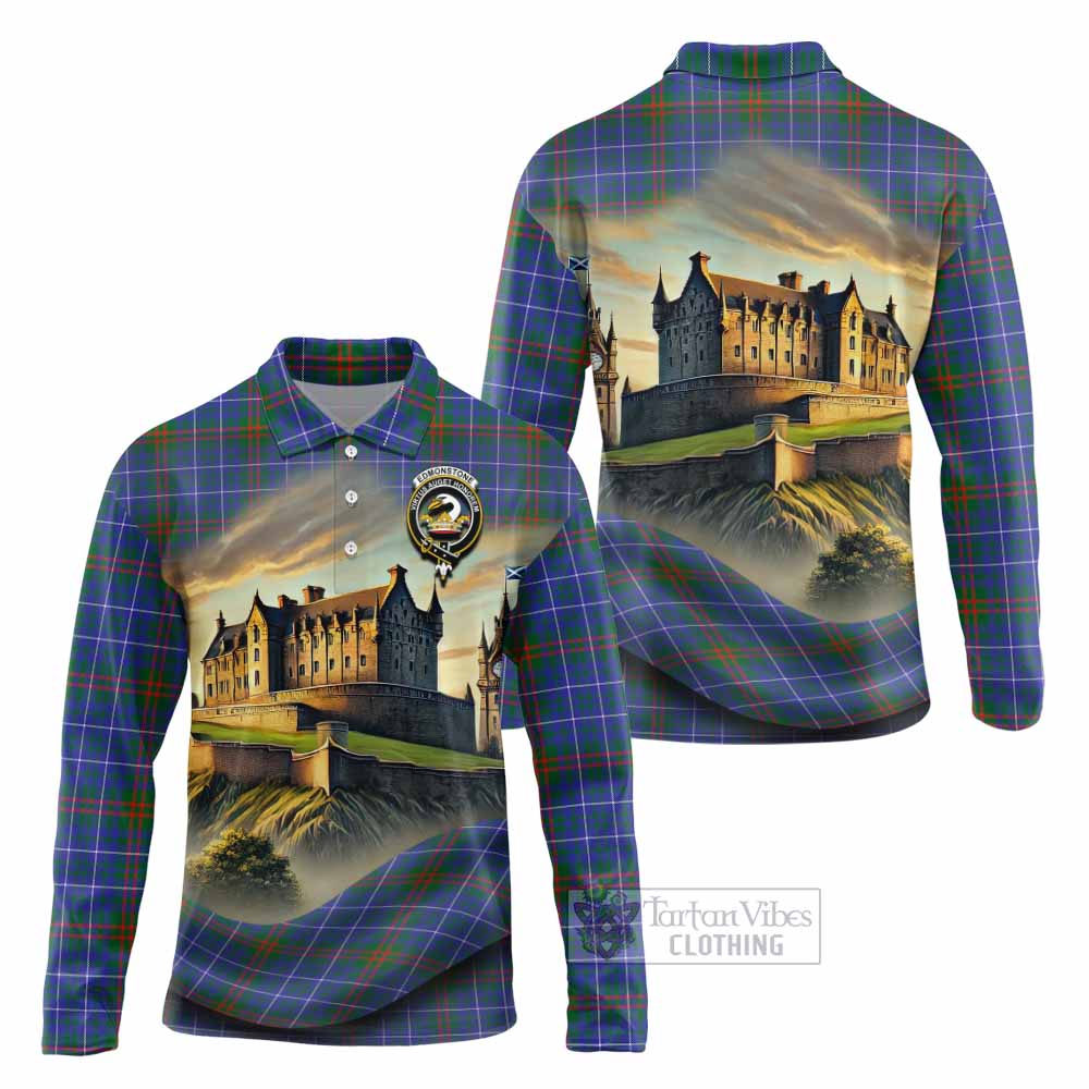 Edmonstone Tartan Family Crest Long Sleeve Polo Shirt with Scottish Ancient Castle Style - Tartan Vibes Clothing