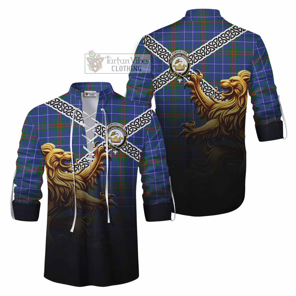 Edmonstone Crest Tartan Ghillie Kilt Shirt with Golden Lion Emblem Celtic Style - Tartan Vibes Clothing