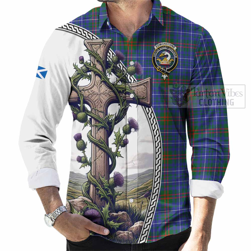 Edmonstone Tartan Long Sleeve Button Shirt with Family Crest and St. Andrew's Cross Accented by Thistle Vines - Tartan Vibes Clothing