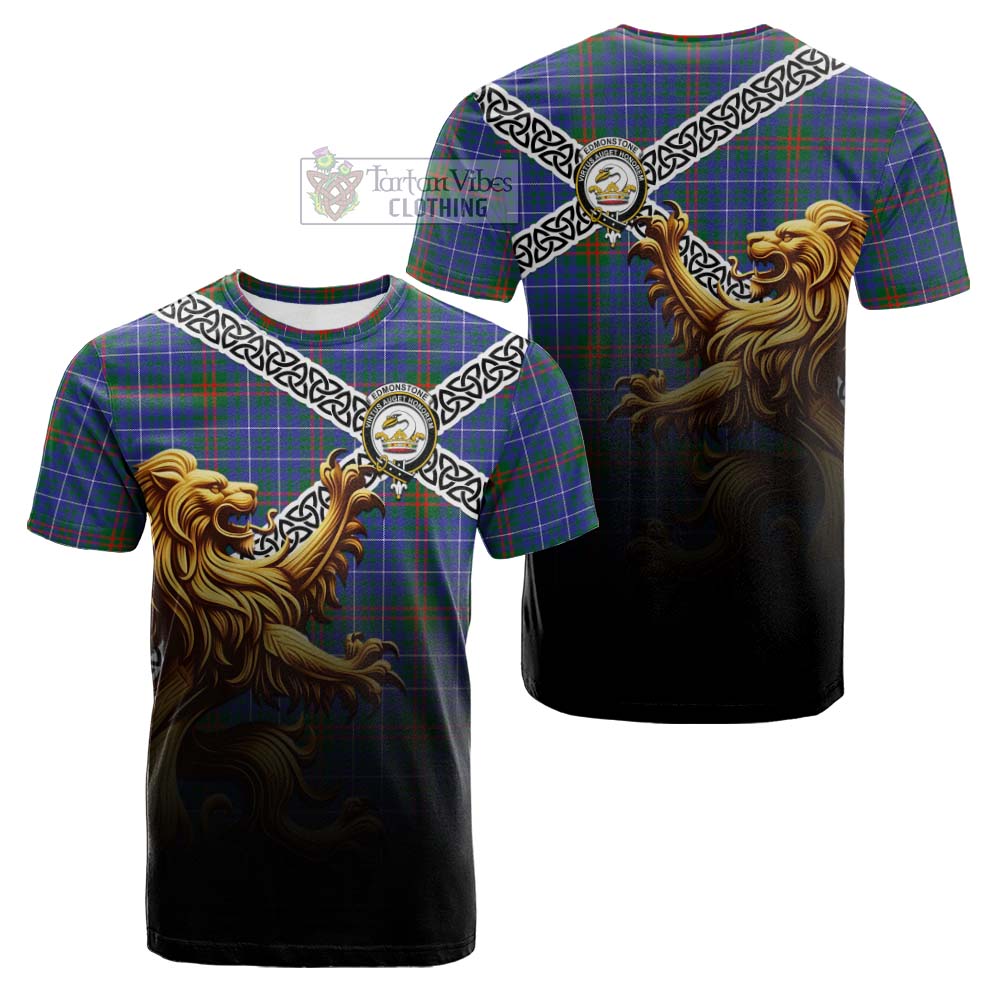 Edmonstone Crest Tartan Cotton T-shirt with Golden Lion Emblem Celtic Style - Tartan Vibes Clothing
