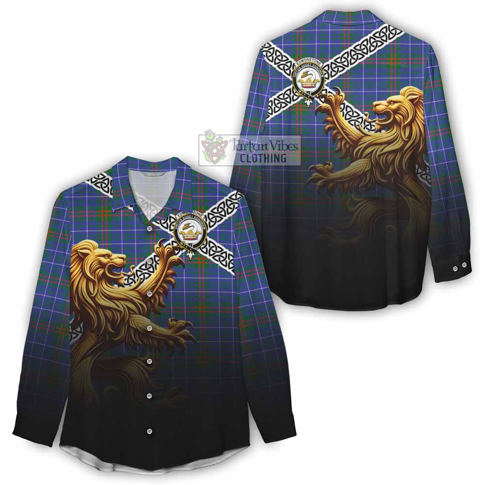Edmonstone Crest Tartan Women's Casual Shirt with Golden Lion Emblem Celtic Style - Tartan Vibes Clothing