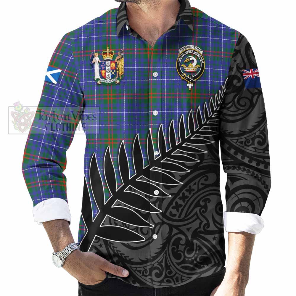 Edmonstone Crest Tartan Long Sleeve Button Shirt with New Zealand Silver Fern Half Style - Tartan Vibes Clothing