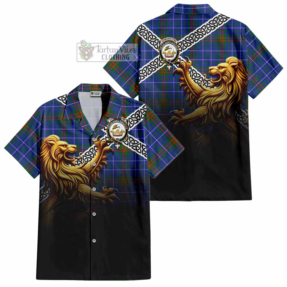 Tartan Vibes Clothing Edmonstone Crest Tartan Short Sleeve Button Shirt with Golden Lion Emblem Celtic Style