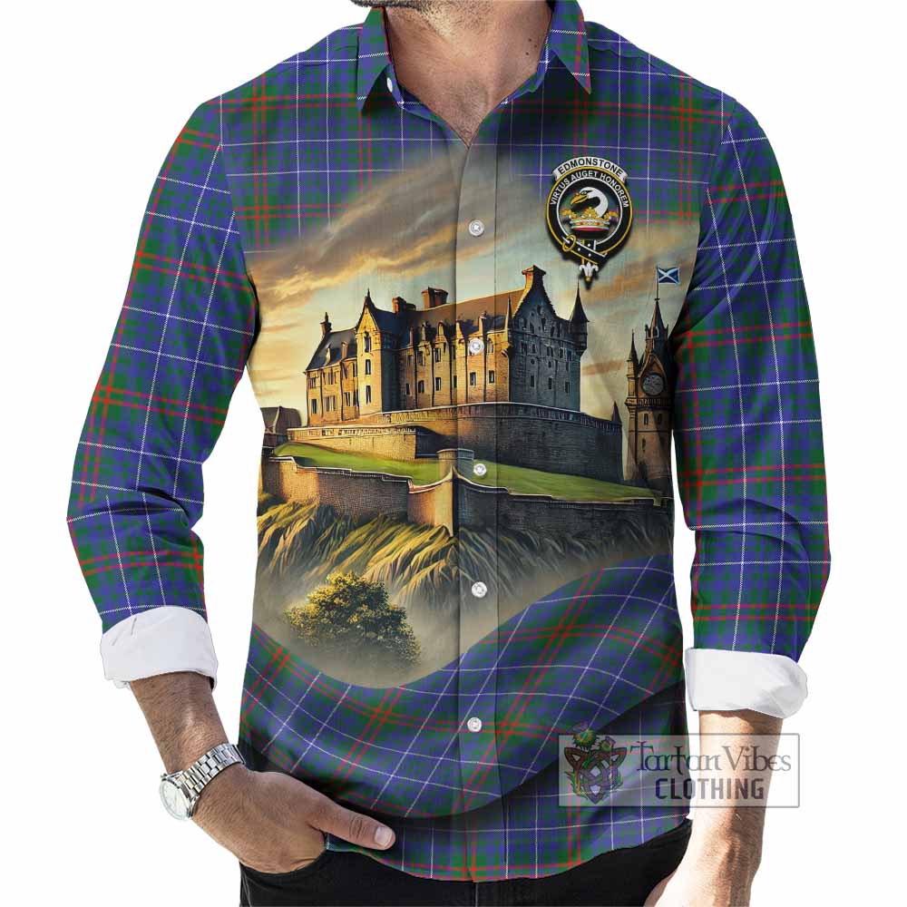 Tartan Vibes Clothing Edmonstone Tartan Family Crest Long Sleeve Button Shirt with Scottish Ancient Castle Style