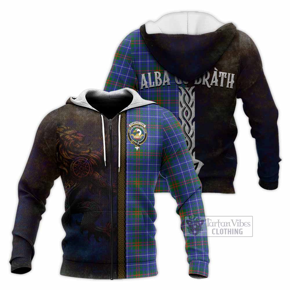 Tartan Vibes Clothing Edmonstone Tartan Family Crest Knitted Hoodie Alba Gu Brath Be Brave Lion Ancient Style