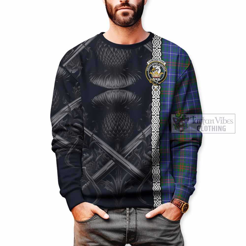 Edmonstone Tartan Sweatshirt with Family Crest Cross Sword Thistle Celtic Vibes - Tartan Vibes Clothing