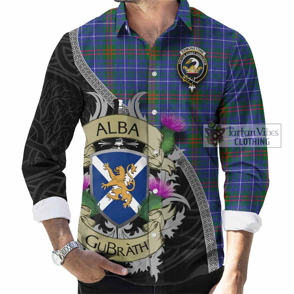 Edmonstone Tartan Family Crest Long Sleeve Button Shirt Lion Rampant Royal Thistle Shield Celtic Inspired - Tartan Vibes Clothing