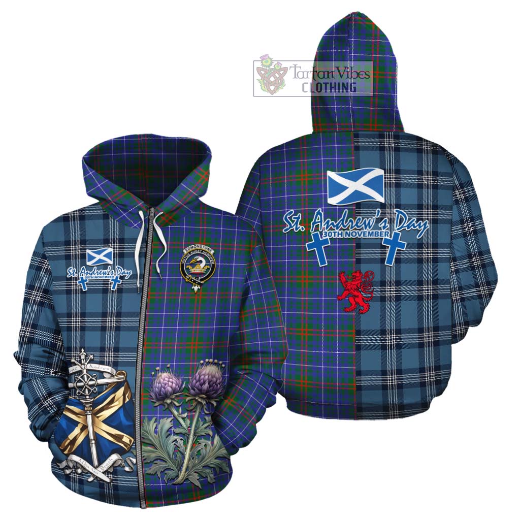 Edmonstone Tartan Cotton Hoodie Happy St. Andrew's Day Half Tartan Style - Tartan Vibes Clothing