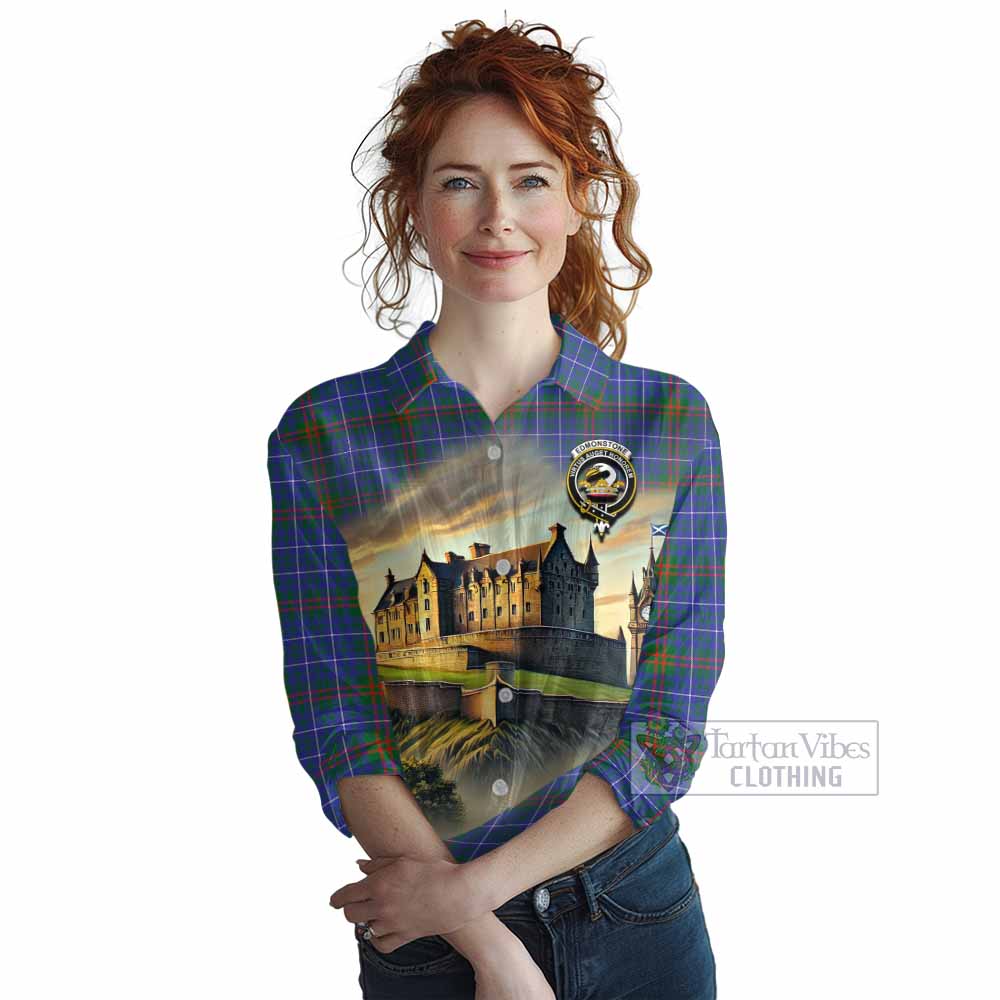 Edmonstone Tartan Family Crest Women's Casual Shirt with Scottish Ancient Castle Style - Tartan Vibes Clothing