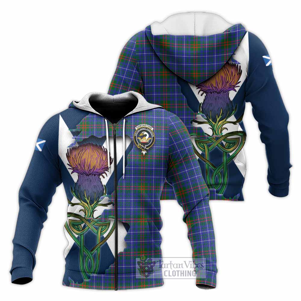 Edmonstone Tartan Family Crest Knitted Hoodie Scottish Thistle Celtic Inspired Unisex Knitted Zip Hoodie - Tartan Vibes Clothing