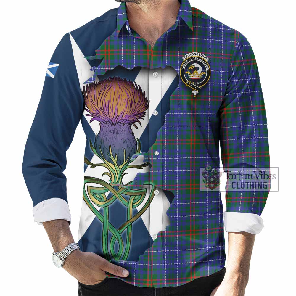 Tartan Vibes Clothing Edmonstone Tartan Family Crest Long Sleeve Button Shirt Scottish Thistle Celtic Inspired