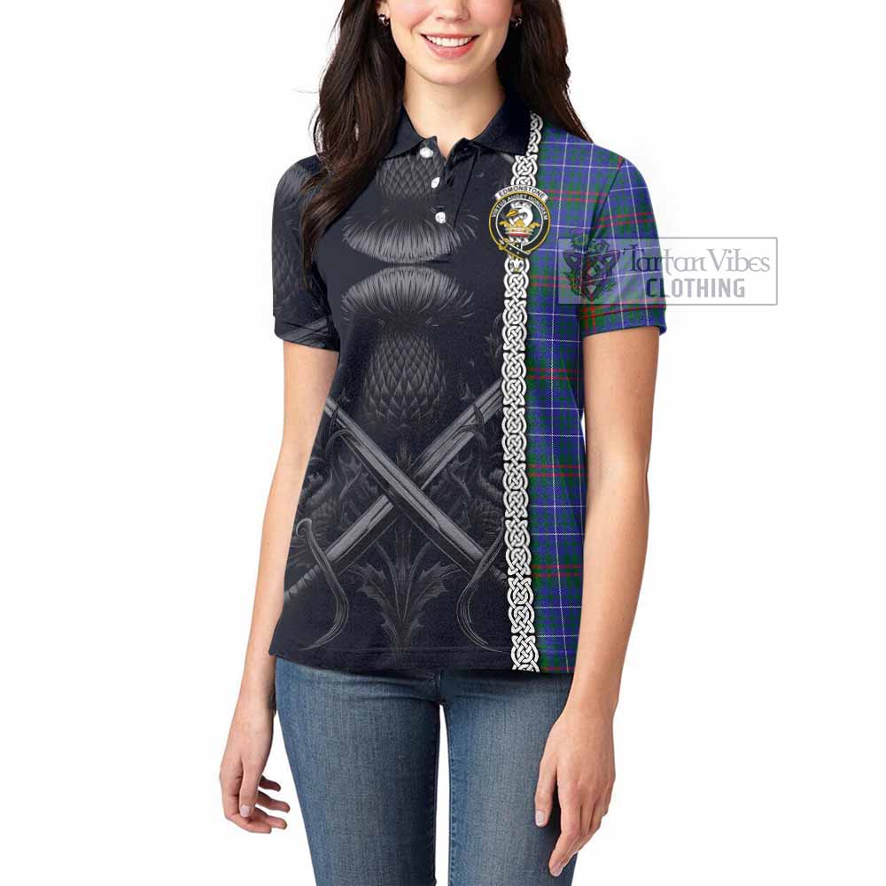 Edmonstone Tartan Women's Polo Shirt with Family Crest Cross Sword Thistle Celtic Vibes - Tartan Vibes Clothing