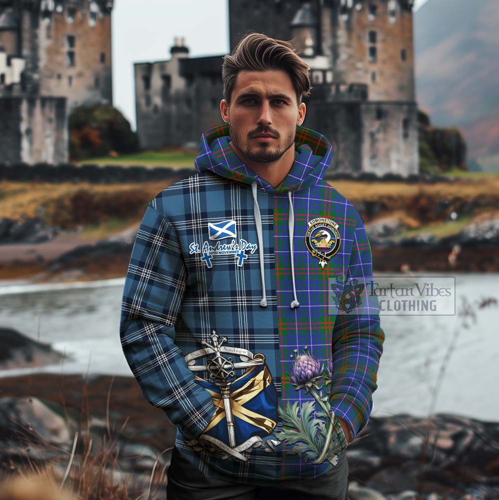 Edmonstone Tartan Cotton Hoodie Happy St. Andrew's Day Half Tartan Style - Tartan Vibes Clothing