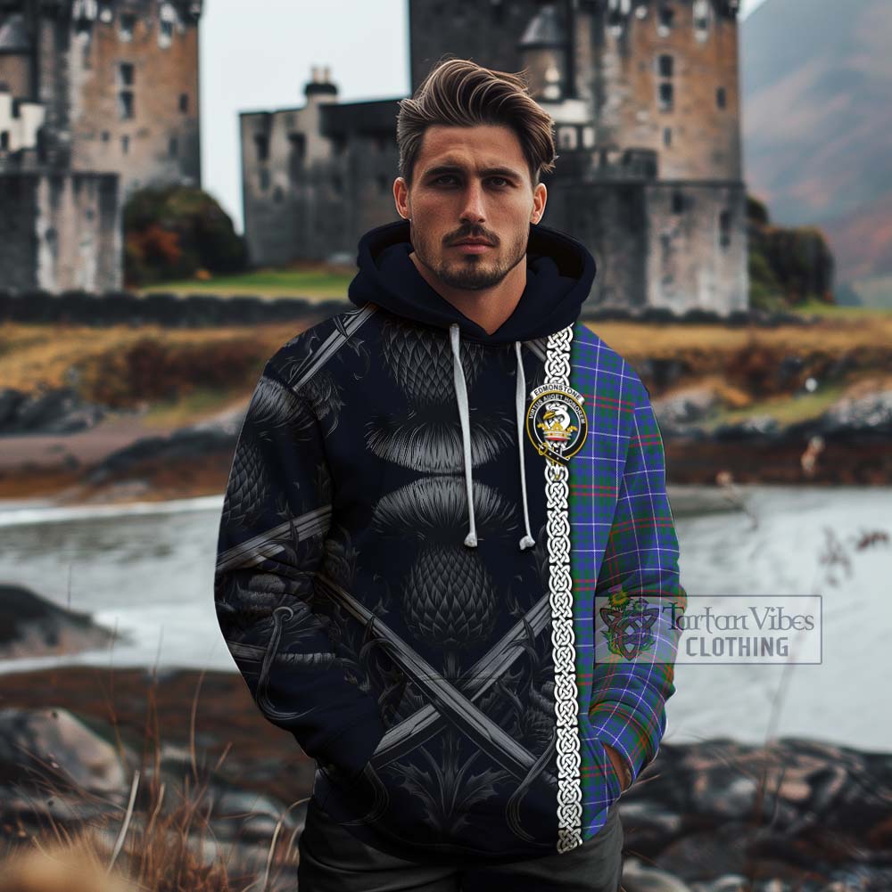Edmonstone Tartan Cotton Hoodie with Family Crest Cross Sword Thistle Celtic Vibes - Tartan Vibes Clothing