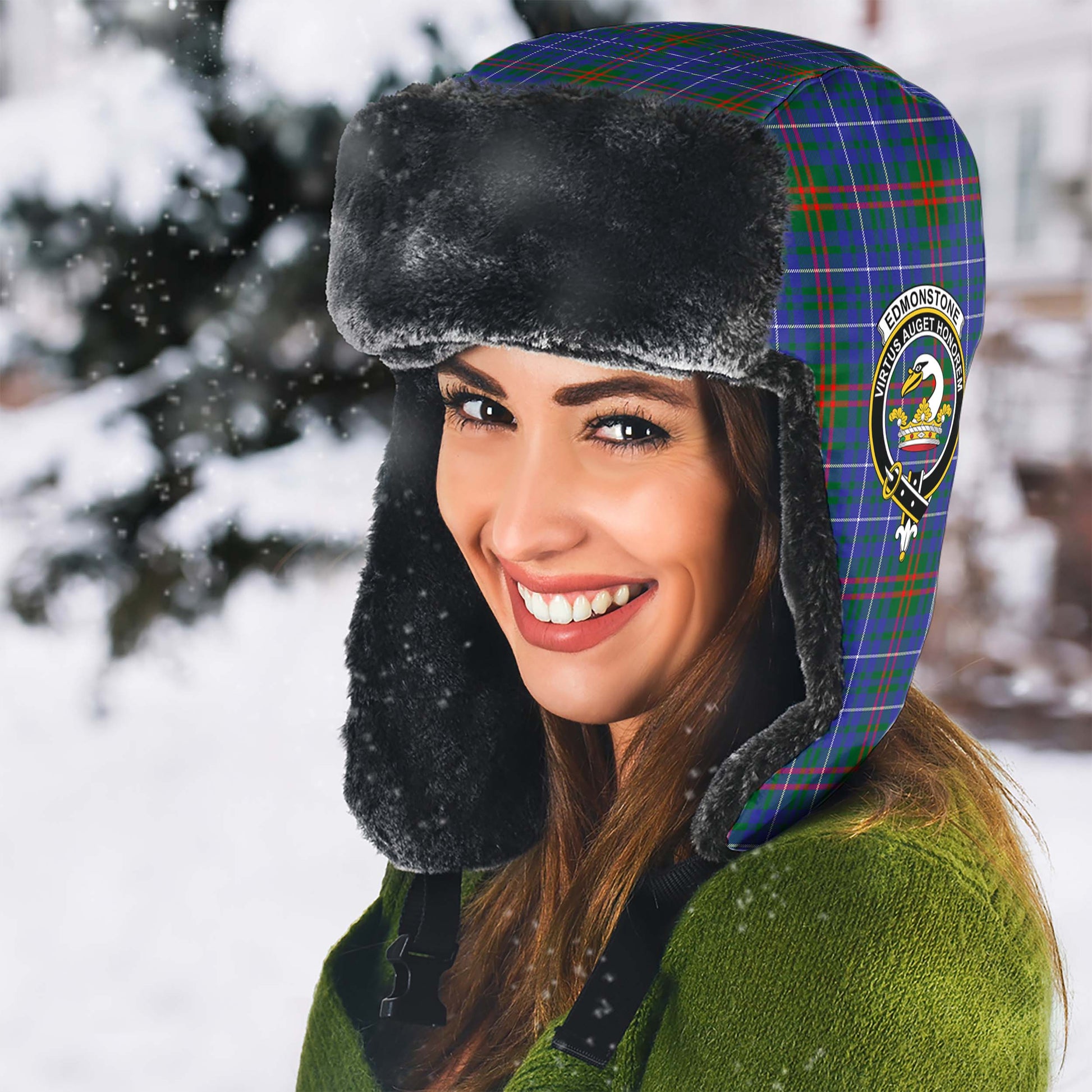 Edmonstone Tartan Winter Trapper Hat with Family Crest - Tartan Vibes Clothing