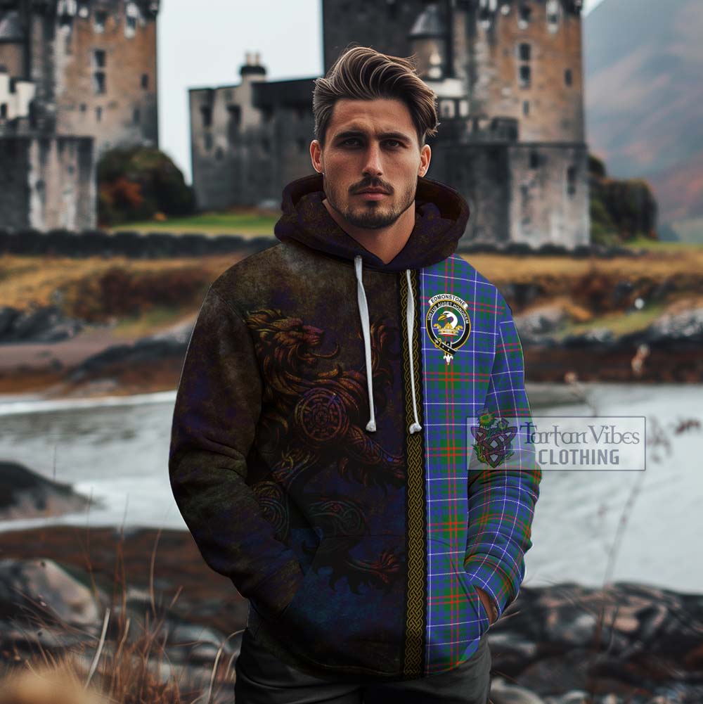 Tartan Vibes Clothing Edmonstone Tartan Family Crest Cotton Hoodie Alba Gu Brath Be Brave Lion Ancient Style