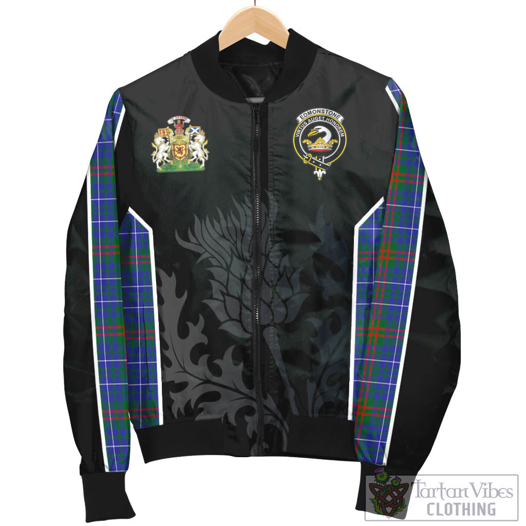 Tartan Vibes Clothing Edmonstone Tartan Bomber Jacket with Family Crest and Scottish Thistle Vibes Sport Style
