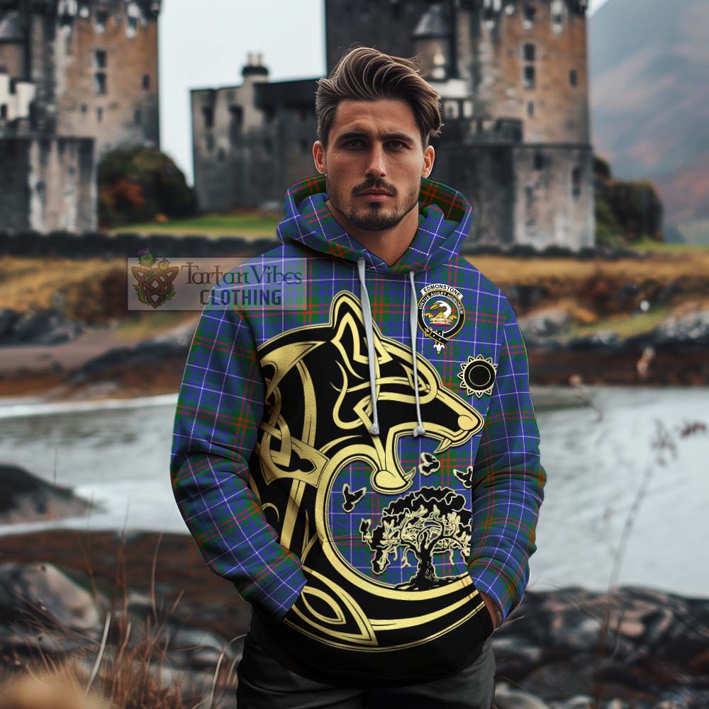 Edmonstone Tartan Cotton Hoodie with Family Crest Celtic Wolf Style - Tartan Vibes Clothing