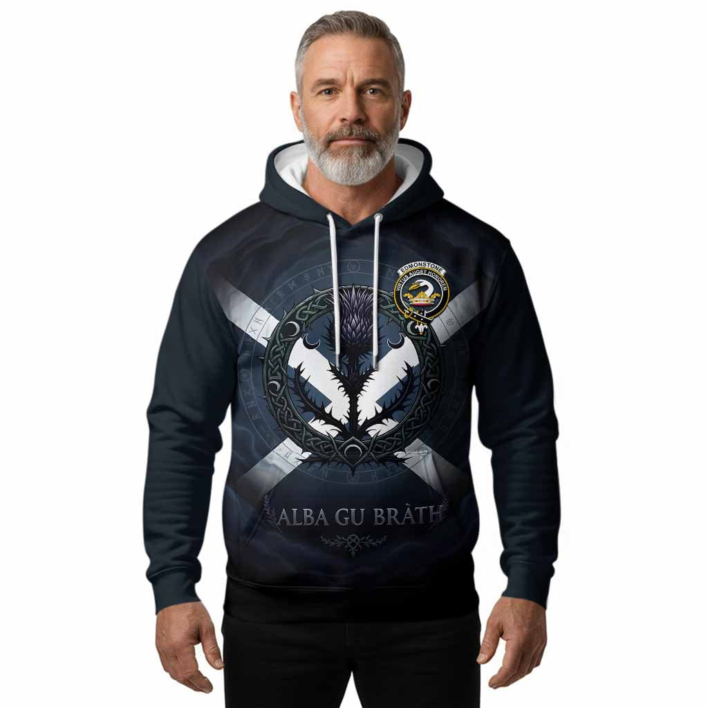 Edmonstone Clan Crest Hoodie with Celtic Knot Thistle and Saltire