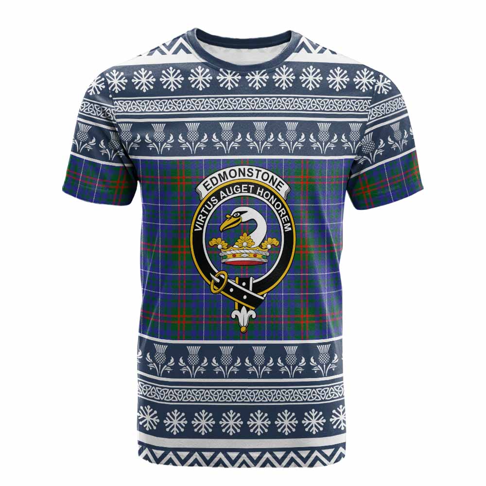 Edmonstone Clan Tartan Christmas Cotton T-shirt with Family Crest - Tartan Vibes Clothing