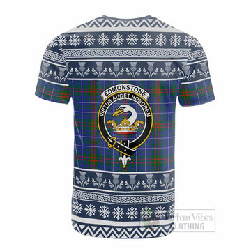 Edmonstone Clan Tartan Christmas Cotton T-shirt with Family Crest