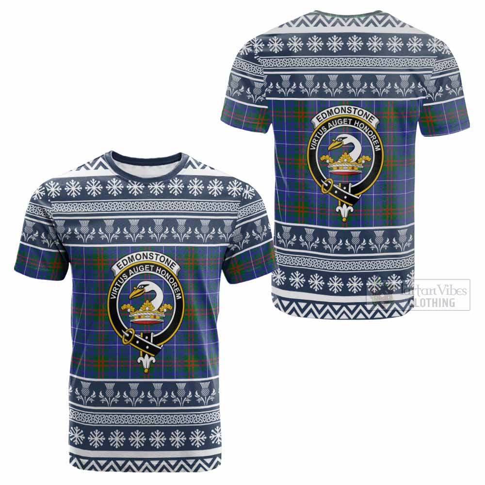 Edmonstone Clan Tartan Christmas Cotton T-shirt with Family Crest - Tartan Vibes Clothing