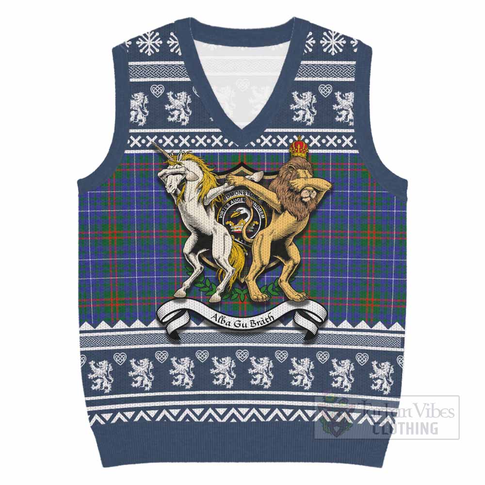 Edmonstone Clan Tartan Crest Christmas Knitted V-Neck Vest Coat of Arms Funny Style - Tartan Vibes Clothing