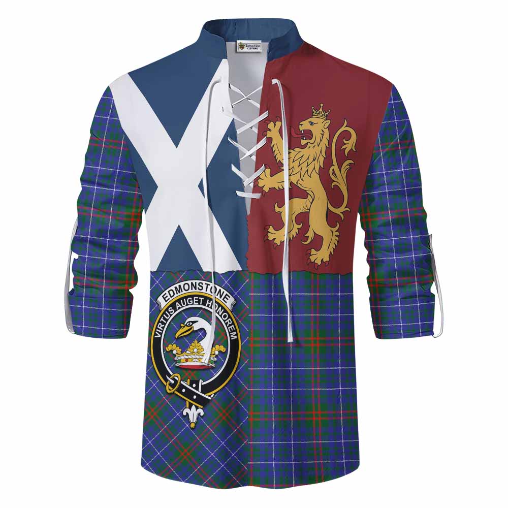 Edmonstone Crest Tartan Ghillie Shirt with Lion Rampant Saltire Style - Tartan Vibes Clothing