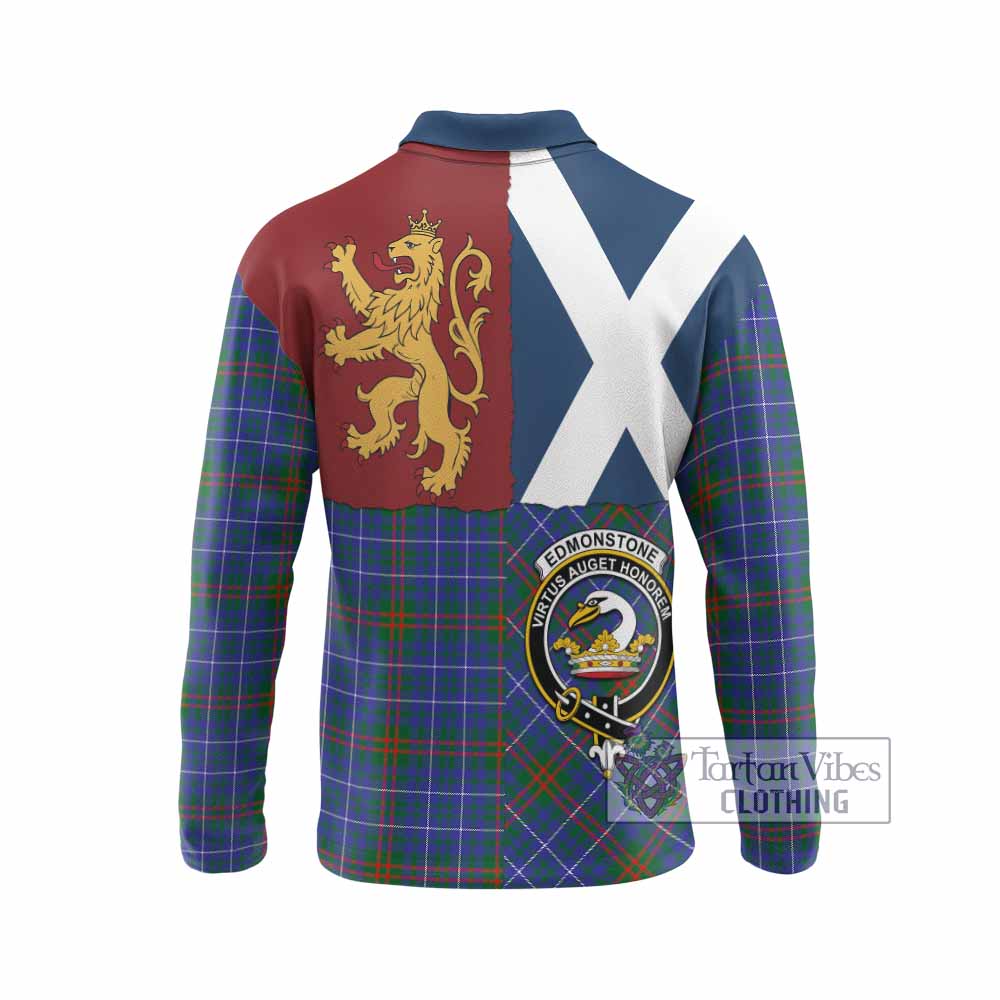 Edmonstone Crest Tartan Long Sleeve Polo Shirt with Lion Rampant Saltire Style