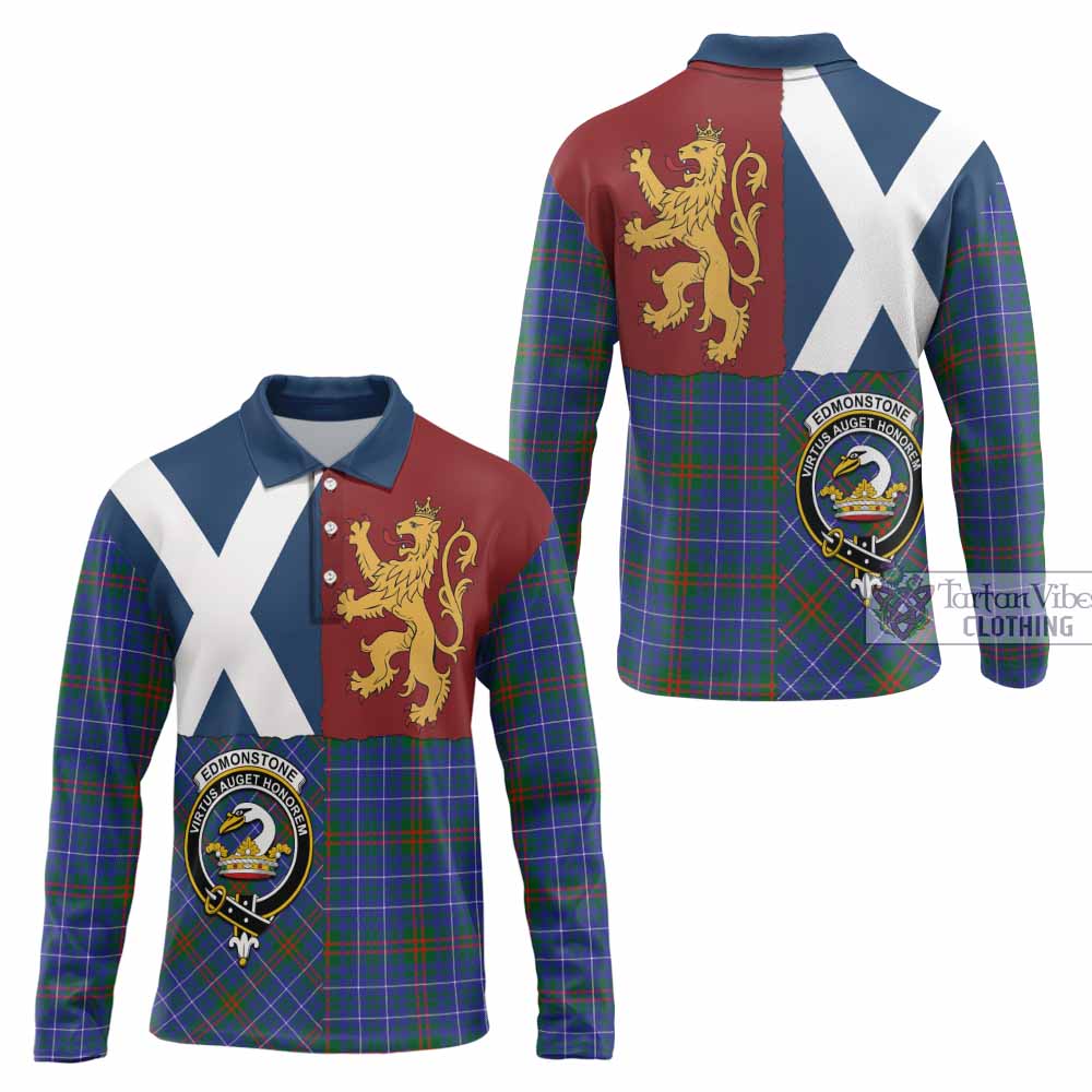 Edmonstone Crest Tartan Long Sleeve Polo Shirt with Lion Rampant Saltire Style