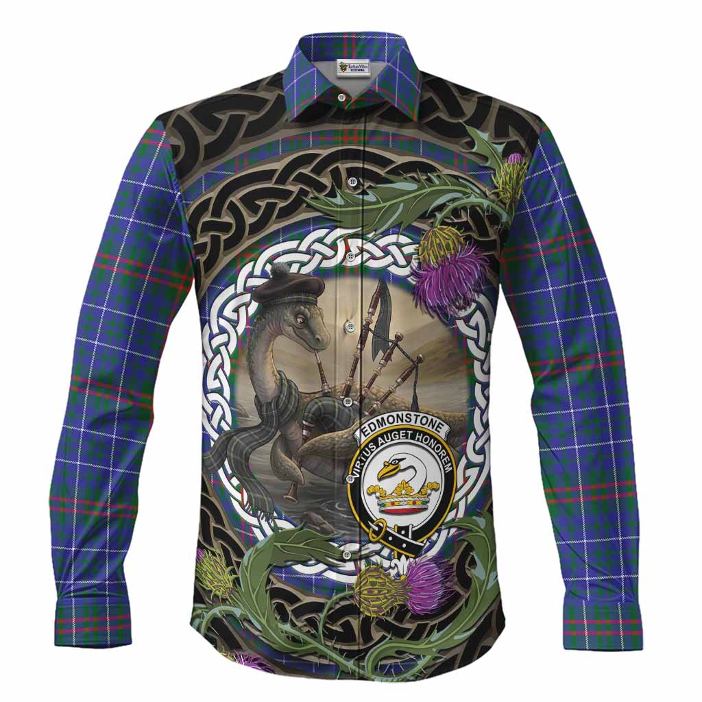 Edmonstone Tartan Crest Bagpipe Nessie Long Sleeve Button Shirts Scottish Loch Ness Monster Celtic Thistle