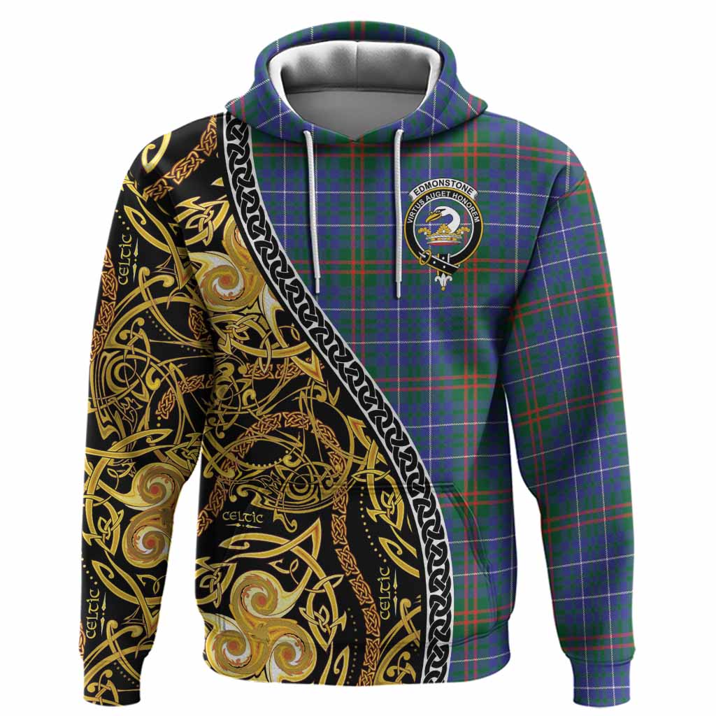 Edmonstone Tartan Crest Hoodie Celtic Knot and Triple Trickle Spiral Symbols