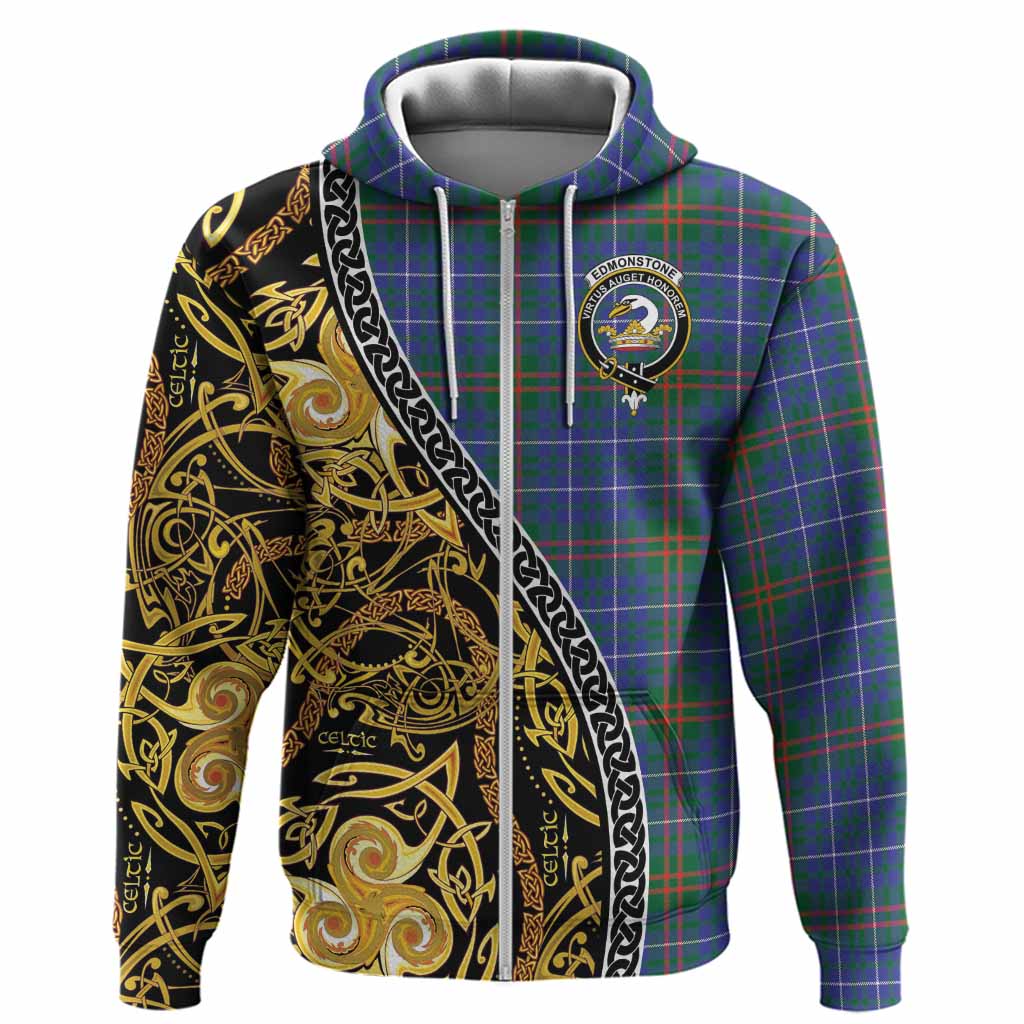 Edmonstone Tartan Crest Hoodie Celtic Knot and Triple Trickle Spiral Symbols