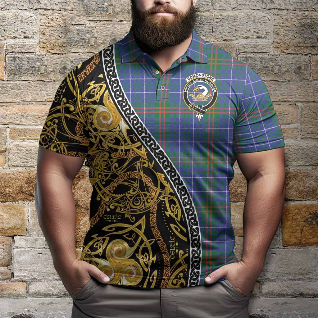 Edmonstone Tartan Crest Polo Shirt Celtic Knot and Triple Trickle Spiral Symbols