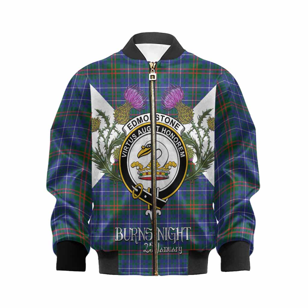 Edmonstone Tartan Family Crest Kid Bomber Jacket Scottish Burns Night Thistle Floral