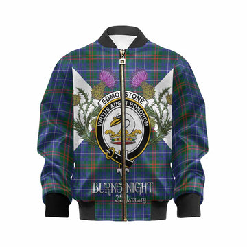 Edmonstone Tartan Family Crest Kid Bomber Jacket Scottish Burns Night Thistle Floral